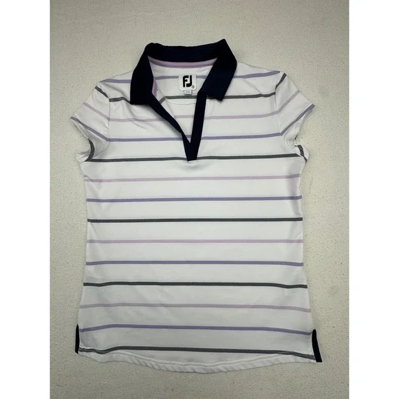 FootJoy Polo Shirt Women's Small White Purple Striped V-Neck Golf Top - Picture 1 of 7